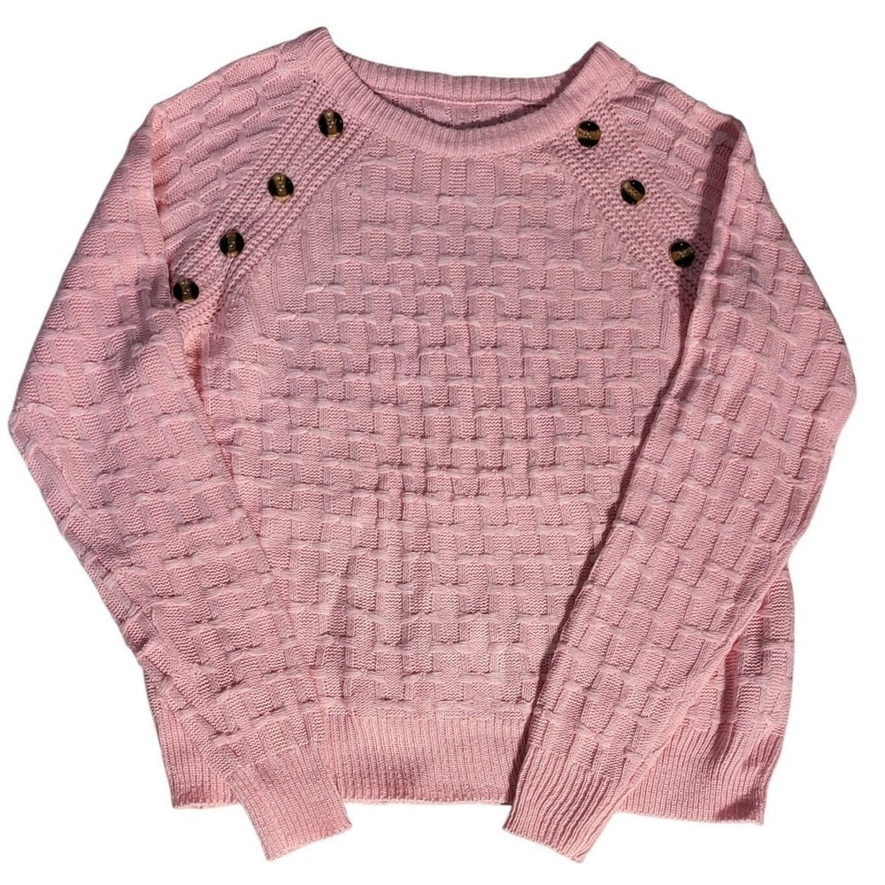 Pink Knit Sweater Button Detail‎ Long Sleeve Pullover Casual Top